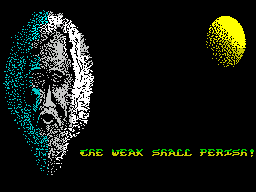 Stryker in the Crypts of Trogan (ZX Spectrum) screenshot: Not the friendliest of fellows. After this the game displays the game credits, very slowly