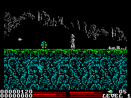 Stryker in the Crypts of Trogan (ZX Spectrum) screenshot: The middle bar on the left is health, it's gone down after the skull encounter, the top bar on the right is ammunition. Zapped the skull, you can just see it behind the blue rock