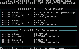 The Duel: Test Drive II (DOS) screenshot: Won't somebody _please_ think of the children!? (CGA)
