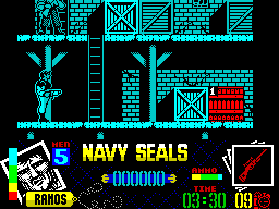 Navy Seals (ZX Spectrum) screenshot: Game start. There's bad guys above me, and I have no idea why that crate is red. Note there are 5 lives and there's a countdown timer for this level.