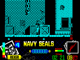 Navy Seals (ZX Spectrum) screenshot: It seems I shoot low, into the crate, whereas the bad guy shoots high - over the crate and into me. Another life gone.