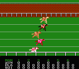 1991 Du Ma Racing (NES) screenshot: During the race, the horses' race statistics can be displayed