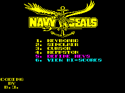 Navy Seals (ZX Spectrum) screenshot: Game menu. Credits appear below the menu. "Coding by B.J.", "Graphics by Warren", "Graphics by Martin", "Music+FX by Matty"