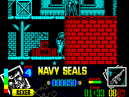Navy Seals (ZX Spectrum) screenshot: I put time bombs on all crates marked USA. This is automatic, I just need to walk over them