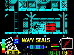 Navy Seals (ZX Spectrum) screenshot: The crates are not background prettiness, they are obstacles that must be overcome