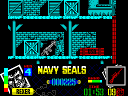 Navy Seals (ZX Spectrum) screenshot: The red crate contains a gun. When this character dies the gun is lost. The crate does not come back, however there are others