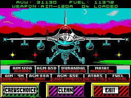 F-16 Combat Pilot (ZX Spectrum) screenshot: Load weapons. I chose the default 'Crews Choice' but weapons can be selected individually.