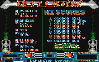 Deflektor (Amiga) screenshot: Title screen, credits, and scores