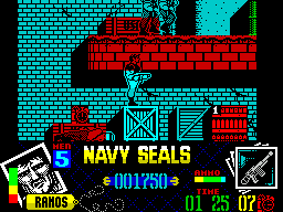 Navy Seals (ZX Spectrum) screenshot: Missed the jump. There's two bad guys up above me with another crate. Placed bomb on the crate on the lower level. Bad guys down here too