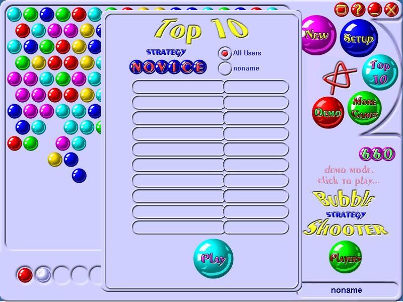 Bubble Shooter (Windows) screenshot: The high score table does not come with pre-populated entries<br><br>Shareware release v5.02