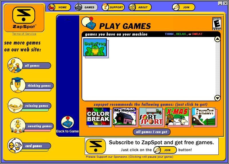 BullyFrog (Windows) screenshot: Players coud have multiple games installed, they would all be accessed via this window