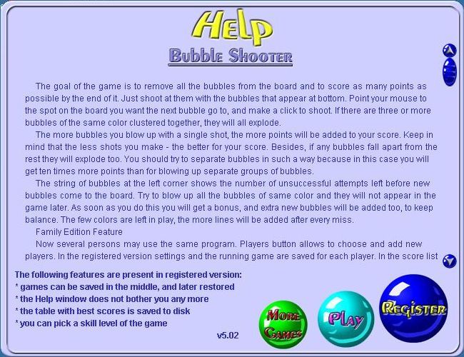 Bubble Shooter (Windows) screenshot: The scrollable instructions<br><br>Shareware release v5.02
