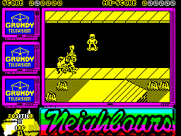Neighbours (ZX Spectrum) screenshot: I'm on the skateboard, the others are on bikes and go-karts