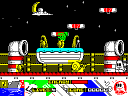 Titanic Blinky (ZX Spectrum) screenshot: Moving left. Snails take away energy. Little green men take a life