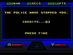 OutRun Europa (ZX Spectrum) screenshot: ... and what does 'Hurrying Up' get me, pulled over by the police and one life gone