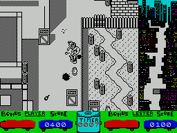 Skate or Die (ZX Spectrum) screenshot: This is 'The Jam' where the player tries to hit or kick a computer opponent while moving down a course with obstacles. The pane on the right does seem to resemble the course
