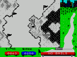 Skate or Die (ZX Spectrum) screenshot: This is the Race, a down hill slalom. The pane on the right represents the slalom but does not show the players position, the obstacles, or the actual course