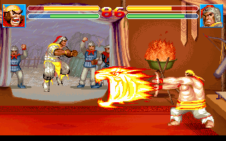 Sango Fighter 2 (DOS) screenshot: Xiahou Yuan attempts to hop over Xu Chu's Tiger Wave.