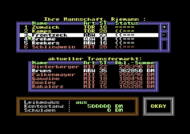 Bundesliga Manager (Commodore 64) screenshot: Menu screen for transfers