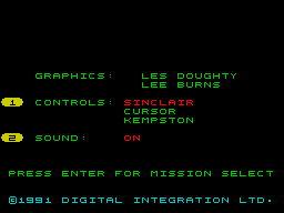 F-16 Combat Pilot (ZX Spectrum) screenshot: Game option screen. Pressing '1' repeatedly scrolls through the control options