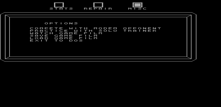 Modem Wars (DOS) screenshot: Menu (Hercules Monochrome)