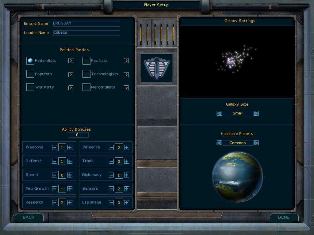 Galactic Civilizations (Windows) screenshot: Player setup screen.