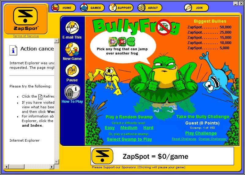 BullyFrog (Windows) screenshot: The game's title and configuration screen. The pane on the left would, presumably, have streamed advertising but now the site is dead it shows nothing