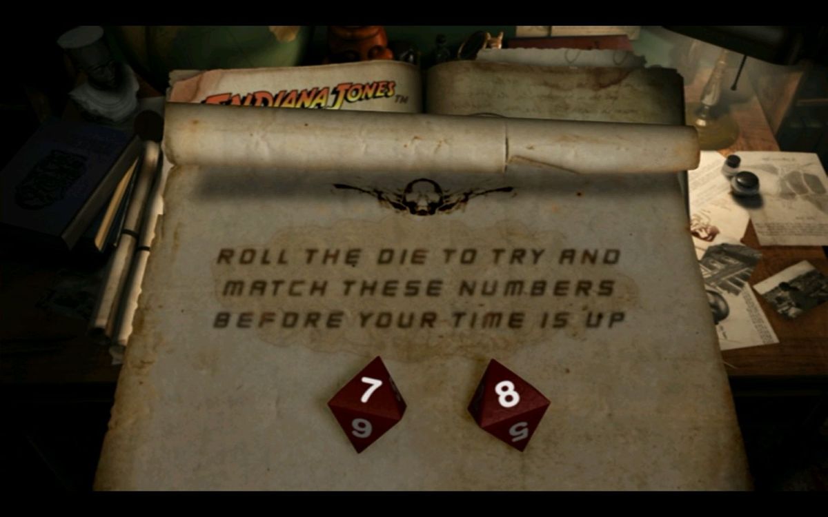 Indiana Jones: DVD Adventure Game (DVD Player) screenshot: This is an example of a Trap Challenge. If the player matched both they take two Fame & Fortune cards and survive, If they matched one they take one card and survive