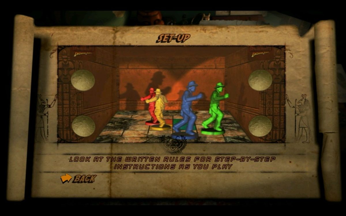 Indiana Jones: DVD Adventure Game (DVD Player) screenshot: This screenshot from the 'How Play' section shows the four coloured Indiana Jones movers that could not be scanned in along with the rest of the game's bits 'n bobs