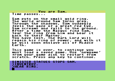 The Crack of Doom (Commodore 64) screenshot: Putting the ring on in Mordor was a bad idea.