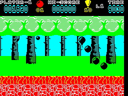 Hoppin' Mad (ZX Spectrum) screenshot: Ten balloons and the level ends immediately. All remaining time is transferred over to the players score, so because the player had just lost a life they score an additional 9000+ bonus