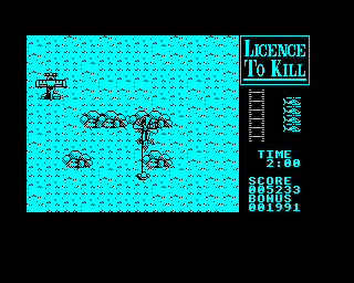 007: Licence to Kill (BBC Micro) screenshot: Level 3. I think you just have to drop a man on a rope into the plane that moves around the screen.
