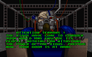 Galactix (DOS) screenshot: ...when the leader of the Xidus fleet tells it like it is.