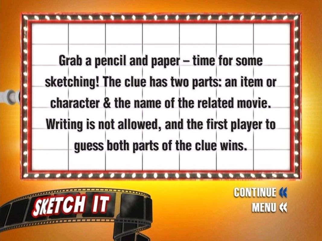 Scene It?: Comedy Movies (DVD Player) screenshot: The Bonus Activities: All the activities require one player to be nominated to draw, mime or describe something. The remainder of the players must look away while the challenge is set