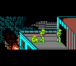 Teenage Mutant Ninja Turtles (NES) screenshot: Only Michaelangelo falls.