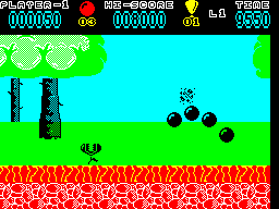 Hoppin' Mad (ZX Spectrum) screenshot: The lead ball hit a crow. Goodbye crow. Also goodbye ball, it will fragment as it bounces and will finally disappear