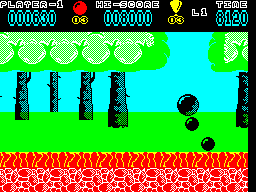 Hoppin' Mad (ZX Spectrum) screenshot: This is not a balloon. It is a very bad thing that looks like a balloon and must be avoided