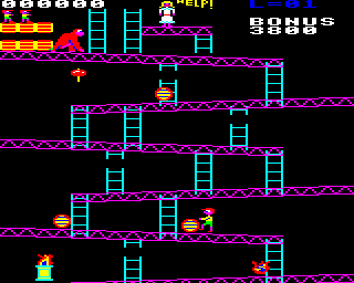Killer Gorilla (BBC Micro) screenshot: Barreling through stage 1.