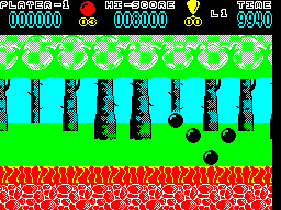 Hoppin' Mad (ZX Spectrum) screenshot: The start of level 1. The balls move right to left across the screen
