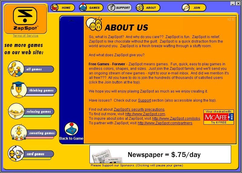 BullyFrog (Windows) screenshot: ZapSpot distributed games by e-mail. Their purpose was to get advertising in front of gamers via the panes below and to the left of the game area