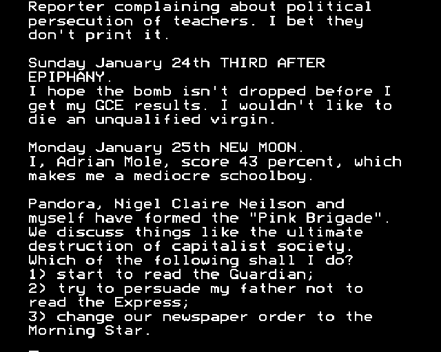 The Growing Pains of Adrian Mole (BBC Micro) screenshot: Adrian Mole engages in various teenage intellectual pursuits such as forming "the Pink Brigade" to discuss stopping capitalist society.