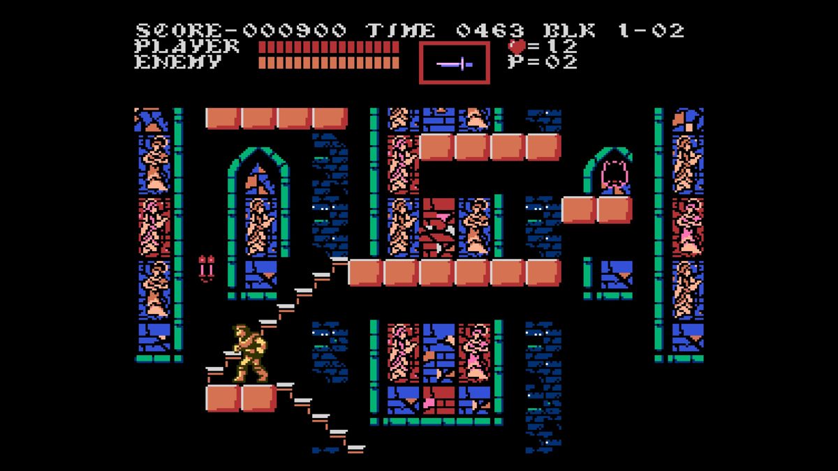 Castlevania: Anniversary Collection (PlayStation 4) screenshot: Castlevania III: Climbing up the tall tower filled with stained glass