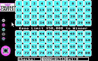 Trump Castle: The Ultimate Casino Gambling Simulation (DOS) screenshot: Selecting some numbers at Keno (CGA)