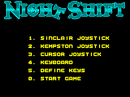 Night Shift (ZX Spectrum) screenshot: Game options