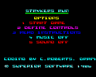 Strykers Run (BBC Micro) screenshot: Title / options screen.