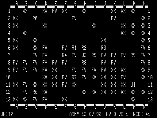 VC (TRS-80) screenshot: Week (turn) 41 still looking for last VC forces