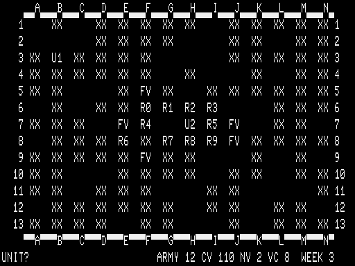 VC (TRS-80) screenshot: Battle map - week (turn) 3