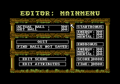 Realm of the Trolls (Commodore 64) screenshot: Main menu of the game's editor