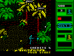 Mercs (ZX Spectrum) screenshot: I'm moving now. I seem to have a more powerful gun than anyone else, which is good.