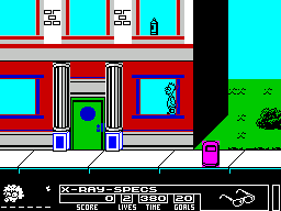 The Simpsons: Bart vs. the Space Mutants (ZX Spectrum) screenshot: I need that spray paint on the windowsill. I can usually jump onto the blue window surrounds, but this seems to be as high as I can go